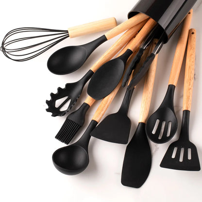 12Pcs, Silicone Utensil Set, Khaki Kitchen Utensil Set with Wooden Handle, Safety Cooking Utensils Set, Non-Stick Kitchen Tools