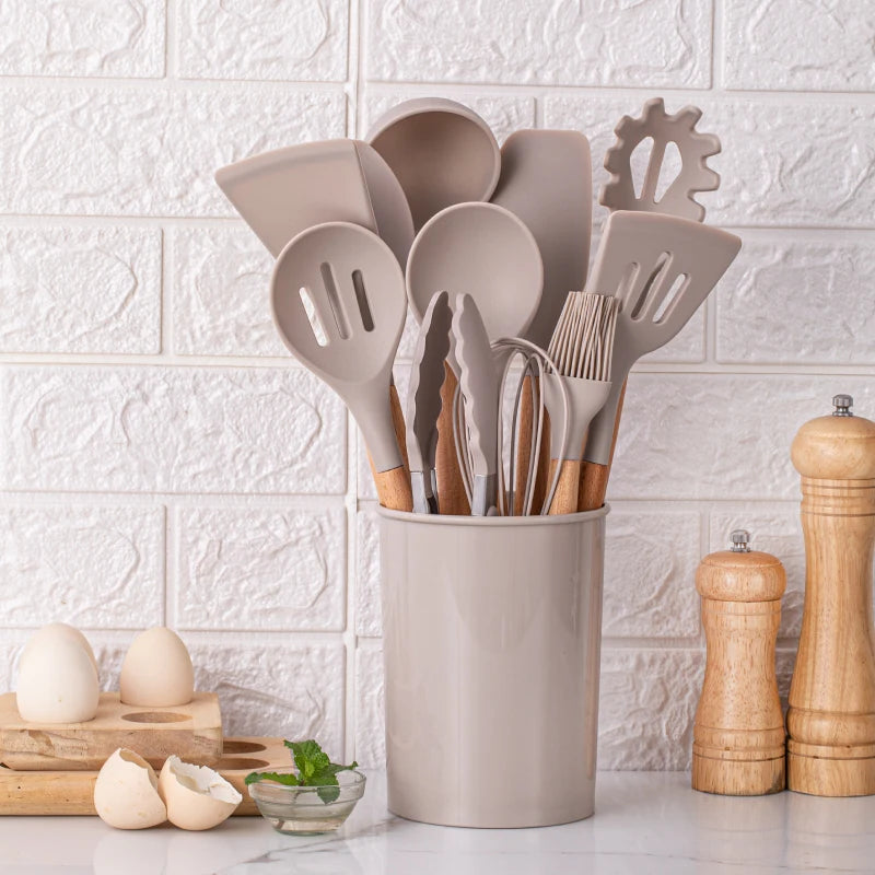 12Pcs, Silicone Utensil Set, Khaki Kitchen Utensil Set with Wooden Handle, Safety Cooking Utensils Set, Non-Stick Kitchen Tools