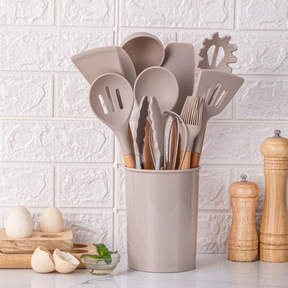 12Pcs, Silicone Utensil Set, Khaki Kitchen Utensil Set with Wooden Handle, Safety Cooking Utensils Set, Non-Stick Kitchen Tools