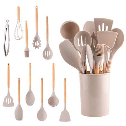 12Pcs, Silicone Utensil Set, Khaki Kitchen Utensil Set with Wooden Handle, Safety Cooking Utensils Set, Non-Stick Kitchen Tools