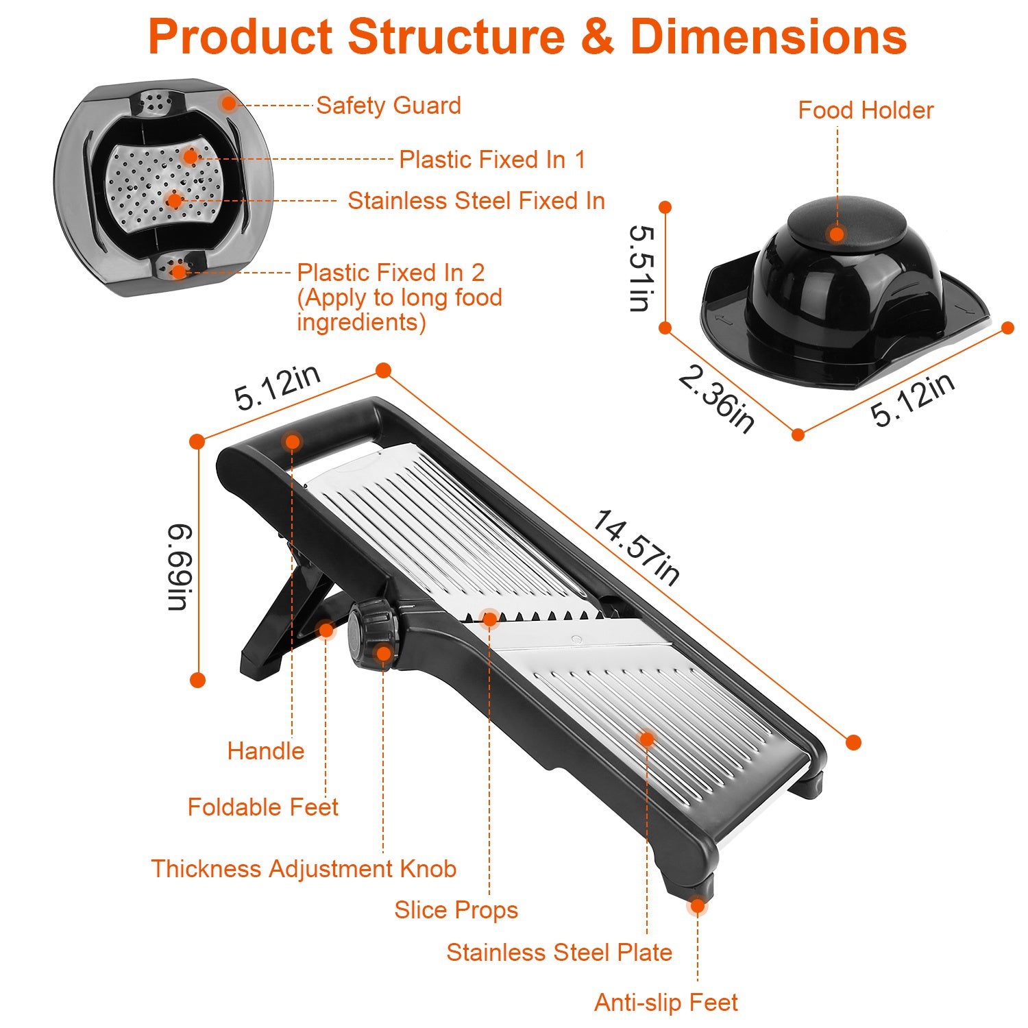 1Pc Mandoline Food Slicer Stainless Steel Food Cutter Vegetable Fruit Chopper Grater Peeler Kitchen Julienne Slicer with 5 Adjustable Blades Food Holder