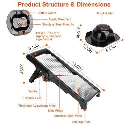 1Pc Mandoline Food Slicer Stainless Steel Food Cutter Vegetable Fruit Chopper Grater Peeler Kitchen Julienne Slicer with 5 Adjustable Blades Food Holder