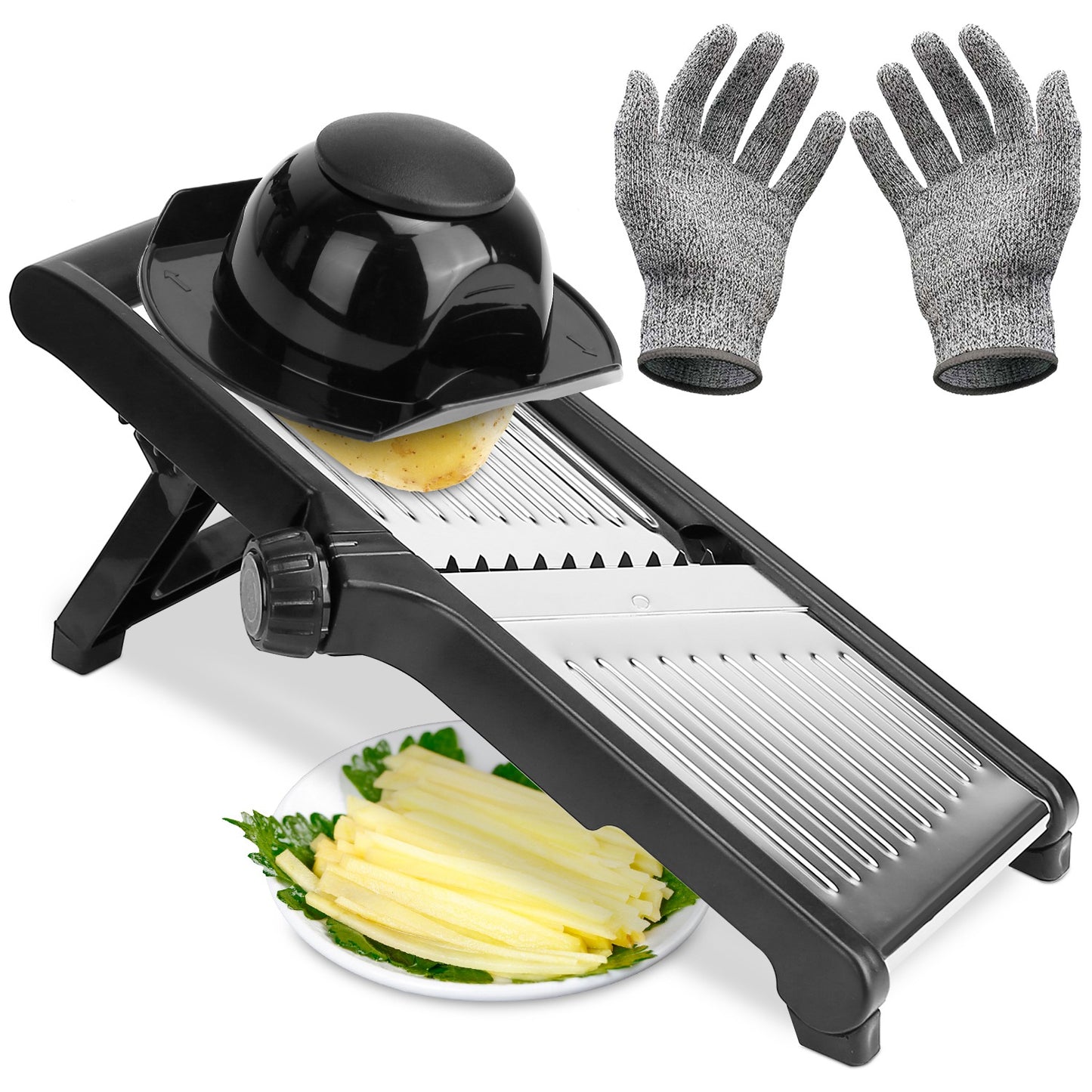 1Pc Mandoline Food Slicer Stainless Steel Food Cutter Vegetable Fruit Chopper Grater Peeler Kitchen Julienne Slicer with 5 Adjustable Blades Food Holder