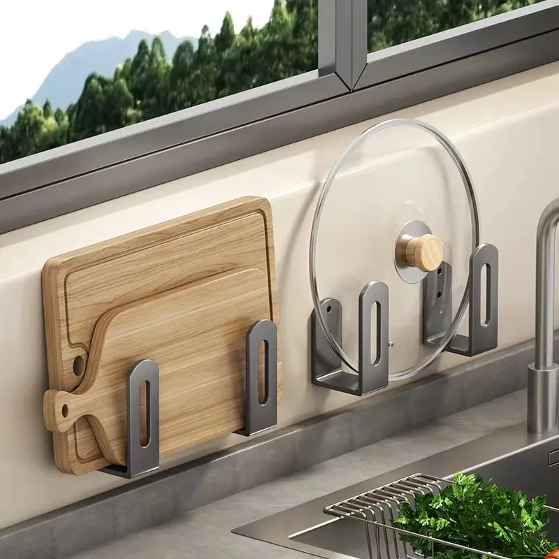 2Pcs/Set Pot Lid Rack Pot Cover Cutting Board Holder Sponge Storage Shelf Kitchen Bathroom Wall Mounted Organizer Rack Accessori