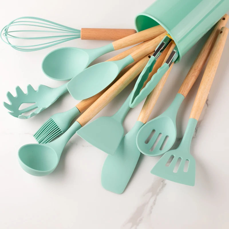 12Pcs, Silicone Utensil Set, Khaki Kitchen Utensil Set with Wooden Handle, Safety Cooking Utensils Set, Non-Stick Kitchen Tools