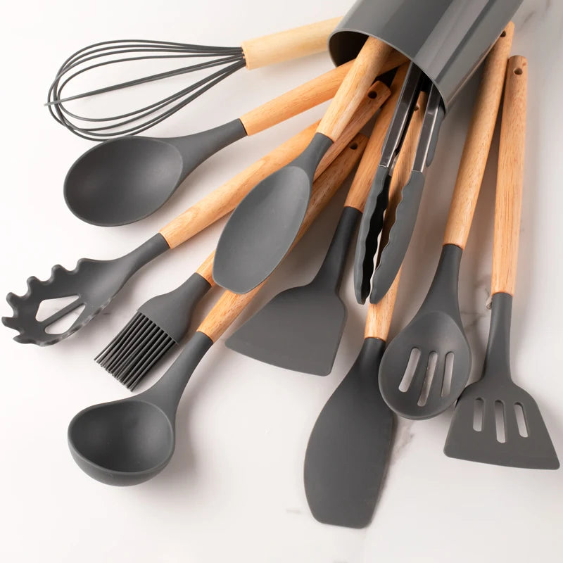 12Pcs, Silicone Utensil Set, Khaki Kitchen Utensil Set with Wooden Handle, Safety Cooking Utensils Set, Non-Stick Kitchen Tools