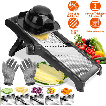 1Pc Mandoline Food Slicer Stainless Steel Food Cutter Vegetable Fruit Chopper Grater Peeler Kitchen Julienne Slicer with 5 Adjustable Blades Food Holder