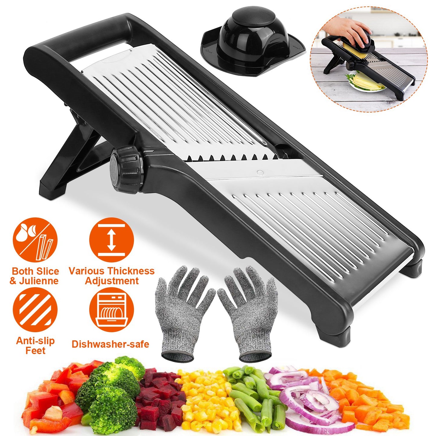 1Pc Mandoline Food Slicer Stainless Steel Food Cutter Vegetable Fruit Chopper Grater Peeler Kitchen Julienne Slicer with 5 Adjustable Blades Food Holder