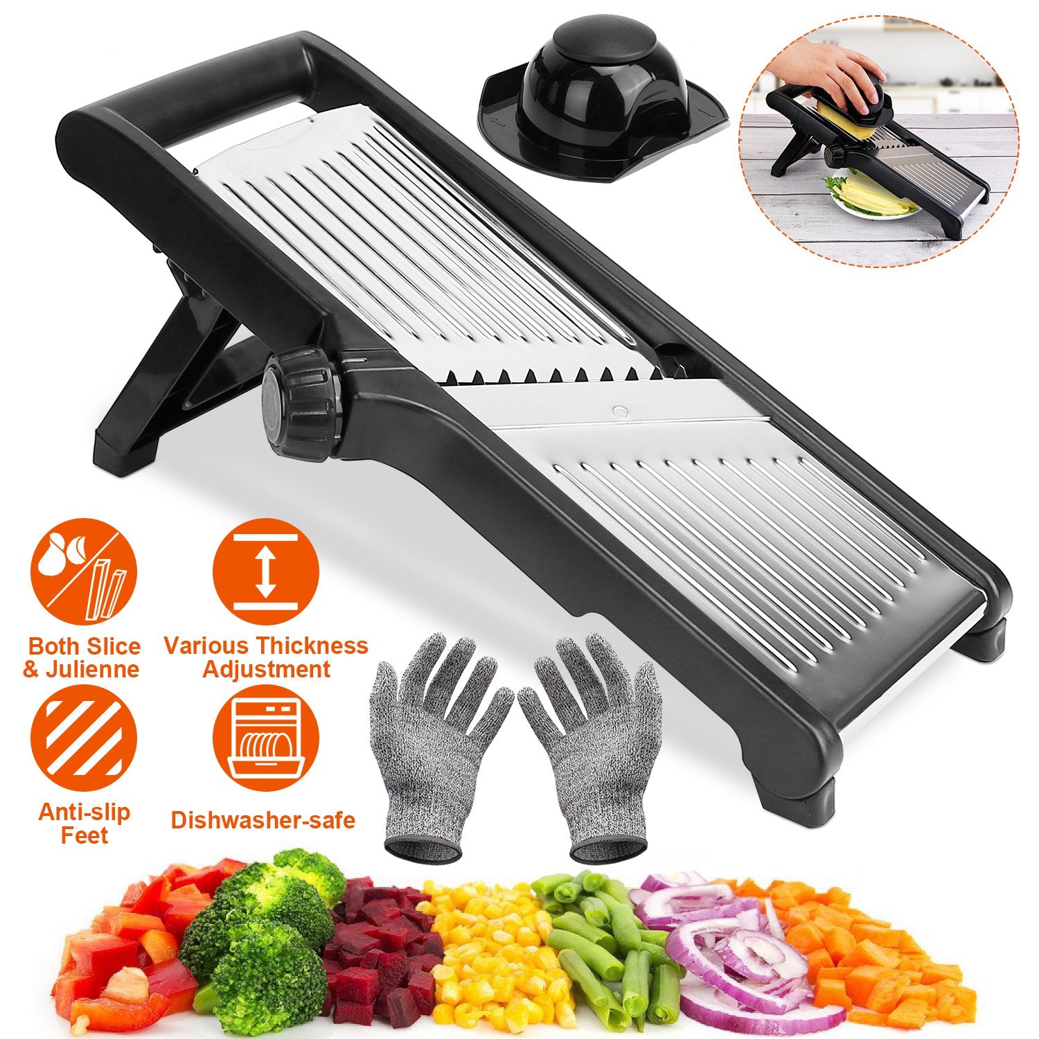 1Pc Mandoline Food Slicer Stainless Steel Food Cutter Vegetable Fruit Chopper Grater Peeler Kitchen Julienne Slicer with 5 Adjustable Blades Food Holder