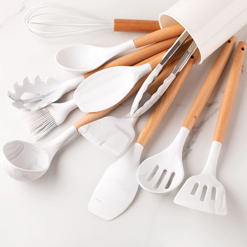 12Pcs, Silicone Utensil Set, Khaki Kitchen Utensil Set with Wooden Handle, Safety Cooking Utensils Set, Non-Stick Kitchen Tools