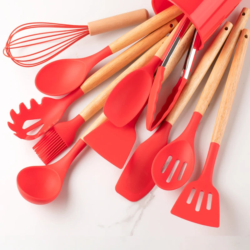 12Pcs, Silicone Utensil Set, Khaki Kitchen Utensil Set with Wooden Handle, Safety Cooking Utensils Set, Non-Stick Kitchen Tools